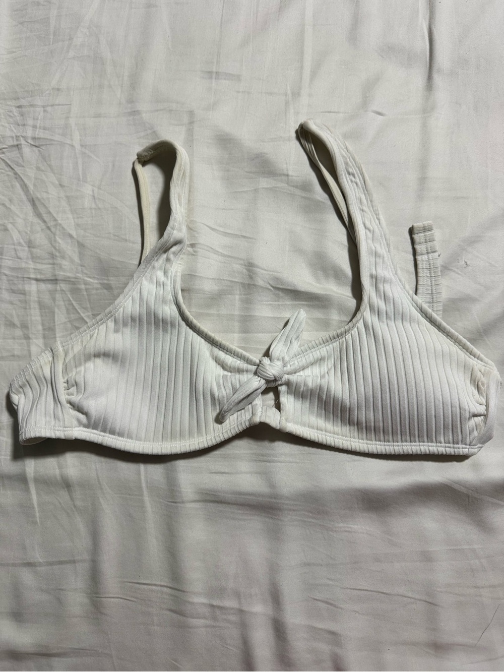 Women's Ribbed White Knot-Front Bikini Top